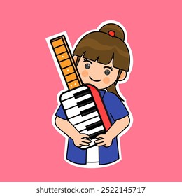 Chica de dibujos animados tocando un instrumento de Keytar. Ilustración vectorial. Conveniente para las pegatinas adorables y el contenido musical de la actuación