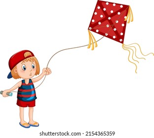 Cartoon girl playing kite  illustration