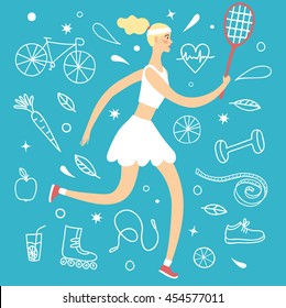 Cartoon girl playing tennis. Including doodle decorative elements such as food, sport equipment and health symbols. Healthy lifestyle illustration for your design.