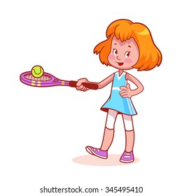 Cartoon girl playing tennis. Vector clip art illustration on a white background.