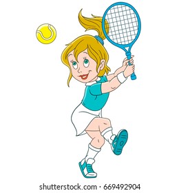 Cartoon girl playing tennis. Vector illustration for kids and children.