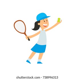 Cartoon girl playing tennis. Vector cartoon character on a white background.