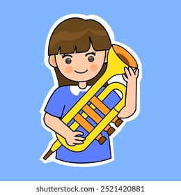 Garota De Cartoon Tocando Trompete. Music Instrument Vetor Illustration (em inglês). Adequado para adesivos adoráveis e conteúdo de desempenho musical