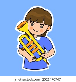 Garota De Cartoon Tocando Trompete. Music Instrument Vetor Illustration (em inglês). Adequado para adesivos adoráveis e conteúdo de desempenho musical