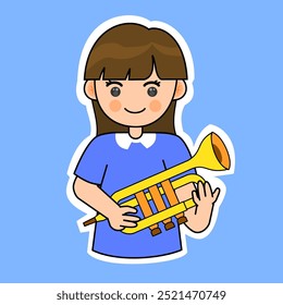 Garota De Cartoon Tocando Trompete. Music Instrument Vetor Illustration (em inglês). Adequado para adesivos adoráveis e conteúdo de desempenho musical