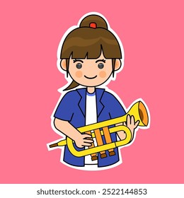 Garota De Cartoon Tocando Trompete. Music Instrument Vetor Illustration (em inglês). Adequado para adesivos adoráveis e conteúdo de desempenho musical