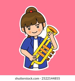 Garota De Cartoon Tocando Trompete. Music Instrument Vetor Illustration (em inglês). Adequado para adesivos adoráveis e conteúdo de desempenho musical