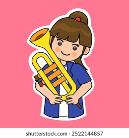 Garota De Cartoon Tocando Trompete. Music Instrument Vetor Illustration (em inglês). Adequado para adesivos adoráveis e conteúdo de desempenho musical