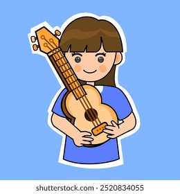 Cartoon Girl Playing Ukulele on a Blue Background. Vector Illustration. Small Guitar Instrument. Suitable for Adorable Stickers and Musical Performance Content