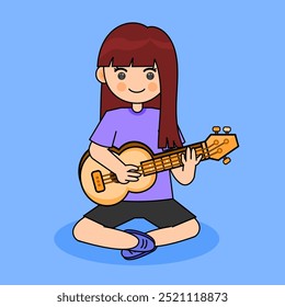 Cartoon Girl Playing Ukulele While Sitting on a Floor. Vector Illustration. Suitable for Musical Performance Content