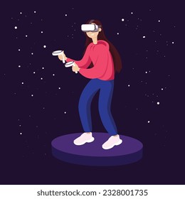 cartoon girl playing in VR. Vector illustration in a flat style. Technological metaverse vector for female character. Future vr and p2e gaming technology with glasses concept.