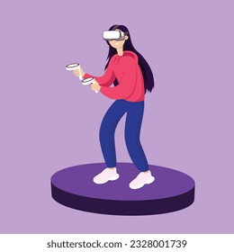 cartoon girl playing in VR. Vector illustration in a flat style. Technological metaverse vector for female character. Future vr and p2e gaming technology with glasses concept.