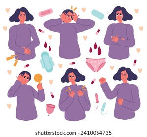 Cartoon girl with pms symptoms. Women conditions during menstruation, bad mood, headache and abdominal pain, rash and bleeding, vector set.eps
