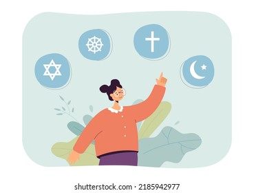 Niña de caricatura apuntando a símbolos de diferentes religiones. Estudiante con judaísmo, budismo, cristianismo e islam simbología plana vectorial. Religión, fe, concepto de educación para pancarta