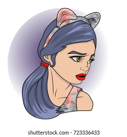 Cartoon of a girl with ponytail and colorful cat ears
