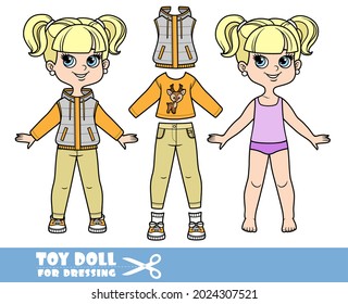 Cartoon girl with ponytails  in underwear, dressed and clothes separately - long-sleeved T-shirt, trousers, padded vest and sneakers doll for dressing