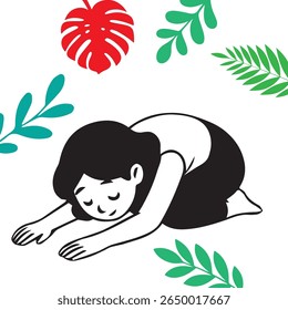 Cartoon Girl in Child’s Pose Surrounded by Green and Red Leaves on White Background, Peaceful Yoga Illustration with Natural Elements and Relaxing, Mindful Atmosphere.