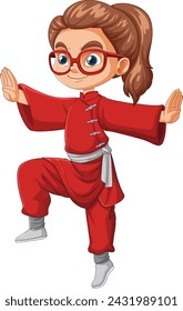 Cartoon girl practicing martial arts stance.