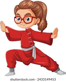 Cartoon girl practicing martial arts stance.