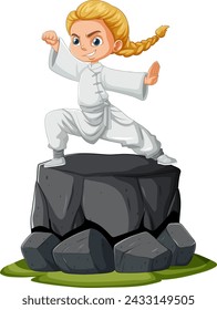 Cartoon girl practicing martial arts on rock.