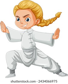 Cartoon girl practicing martial arts stance.