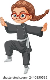 Cartoon girl practicing martial arts stance.