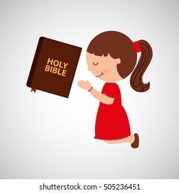 cartoon girl praying with holy bible design vector illustration