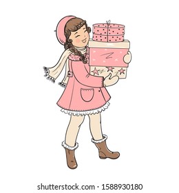 Cartoon girl with presents, christmas card. Vector illustration.