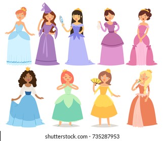 Cartoon girl princess characters different fairy-tale clothes dress cute adorble girls vector illustration.