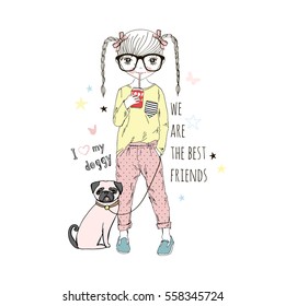 cartoon girl with pug dog , kid illustration