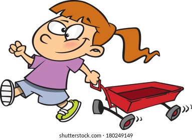 Cartoon Girl Pulling A Wagon