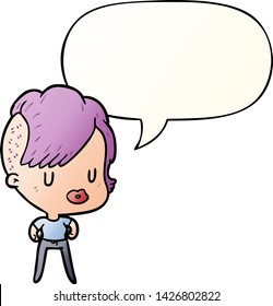 cartoon girl with punk hipster haircut with speech bubble in smooth gradient style