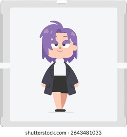 Cartoon Girl with Purple Hair in Business Attire