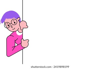 Cartoon girl with purple hair and glasses peeking. Shy child peeking around corner with a cute smile. Childish curiosity and playfulness vector illustration.