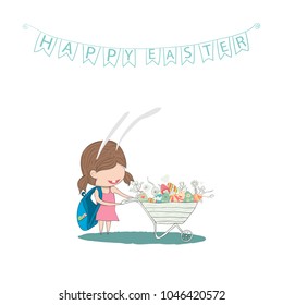 Cartoon girl rabbit cart easter eggs.