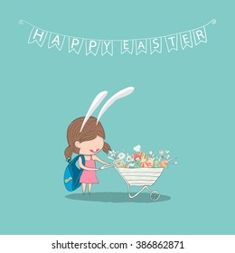 Cartoon girl rabbit cart easter eggs. drawing by hand vector, drawing by hand vector and digital illustration created without reference image.