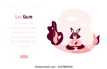 Cartoon girl with rabbit ears and gelato in nature. Happy summer card in trendy flat linear style. Vector web page template.