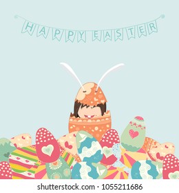 Cartoon girl rabbit easter eggs.