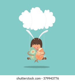 Cartoon girl rabbit happy easter swinging on a cloud with eggs, drawing by hand vector, drawing by hand vector and digital illustration created without reference image.