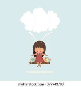 Cartoon girl rabbit happy easter swinging on a cloud with eggs, drawing by hand vector, drawing by hand vector and digital illustration created without reference image.