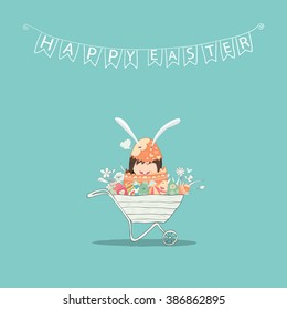 Cartoon girl rabbit happy on cart easter eggs. drawing by hand vector, drawing by hand vector and digital illustration created without reference image.