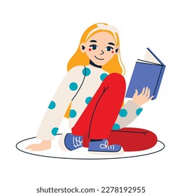 Cartoon girl is reading a book. Сute blonde. Set of vector illustrations.