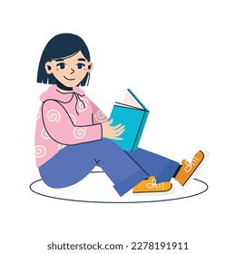 Cartoon girl is reading a book. Сute brunette. Set of vector illustrations.