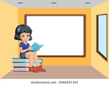 Cartoon girl reading book in classroom setting