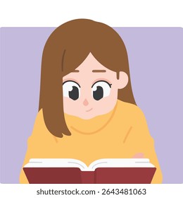 Cartoon Girl Reading Book, Education, Learning, and Children's Illustration