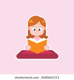 Cartoon girl reading a book with happy expression on face.