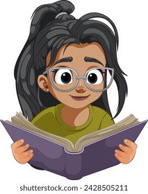 Caricatura de una niña leyendo un libro con interés