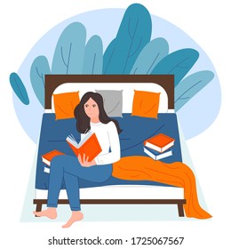 Cartoon girl reading book on bed vector illustration modern style