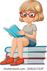 Cartoon of a girl reading a book on a stack of books