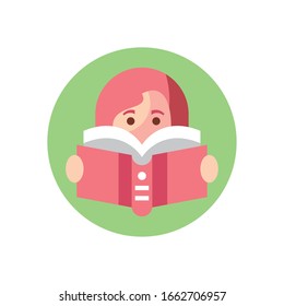 cartoon girl reading a book over white background, colorful block style, vector illustration
